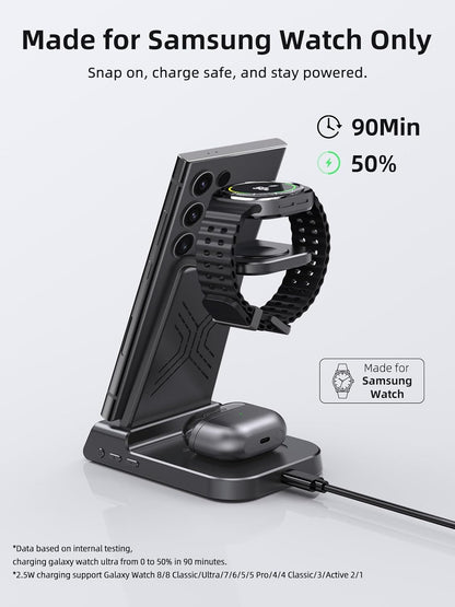 Wireless Charger for Samsung Charging Station: 3 in 1 Android Charging Stand with Dimmable Clock - Nightstand Organizer for Galaxy S25 Ultra, Galaxy Watch 8 7 6 5 4, Galaxy Buds, Space-Saving Charger