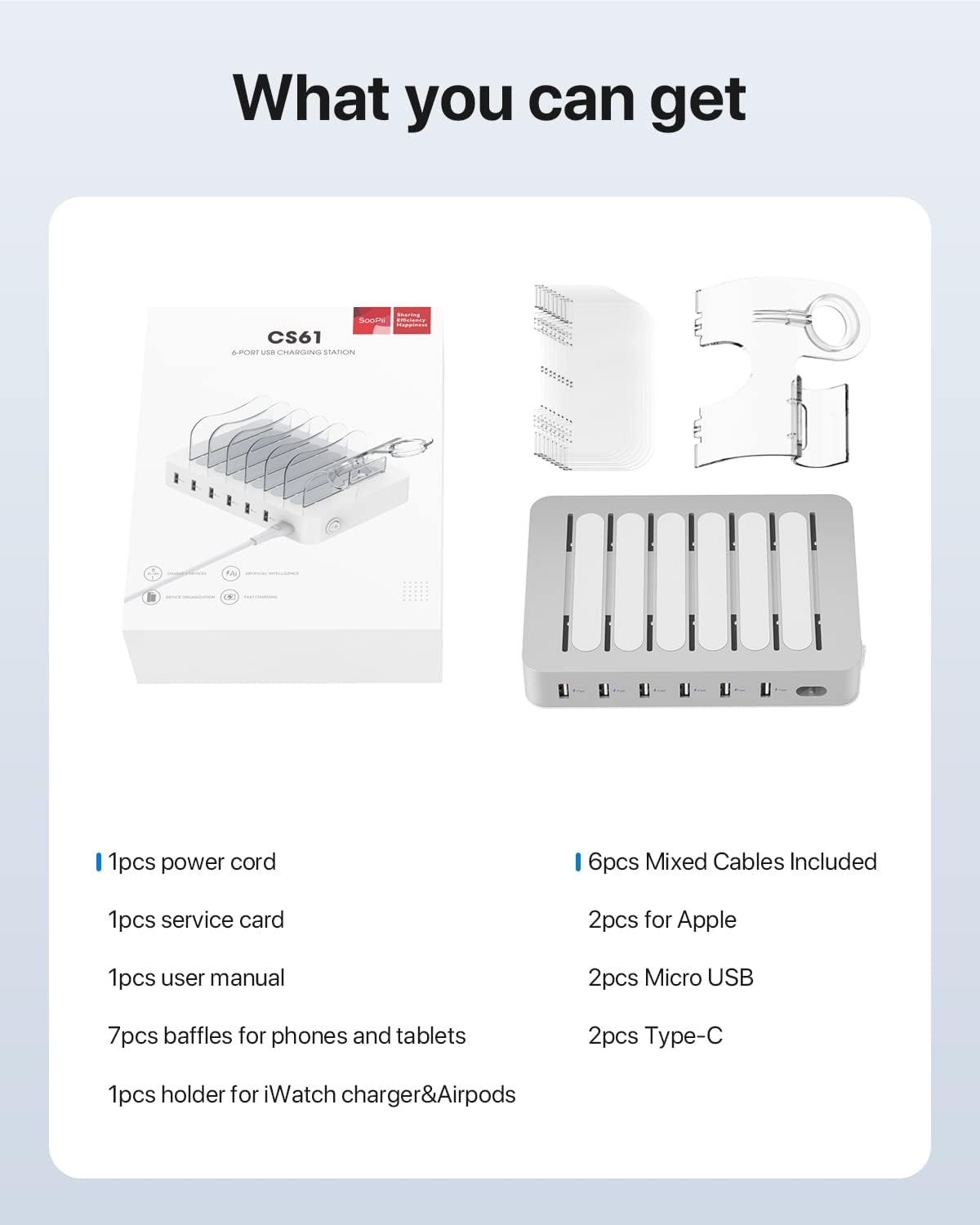 SooPii Premium 6-Port USB Charging Station Organizer for Multiple Devices, 6 Short Charging Cables and One Upgraded i-Watch Charger Holder Included, for Phones, Tablets, and Other Electronics, White