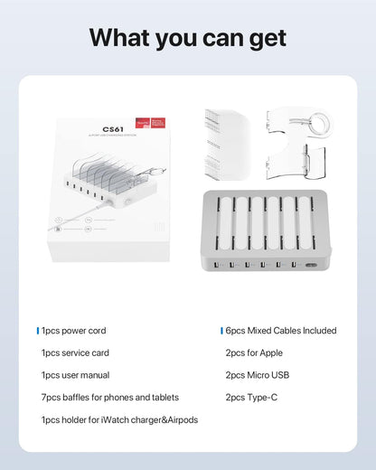 SooPii Premium 6-Port USB Charging Station Organizer for Multiple Devices, 6 Short Charging Cables and One Upgraded i-Watch Charger Holder Included, for Phones, Tablets, and Other Electronics, White