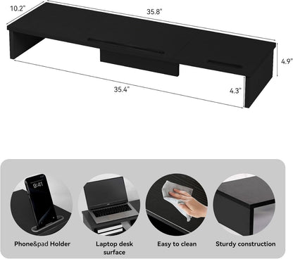 Qupui Computer Monitor Stand Riser with Drawer and Pen Holders, Desk Organizer Shelf and Accessories, Office Desk Accessories, Office Organization, Black