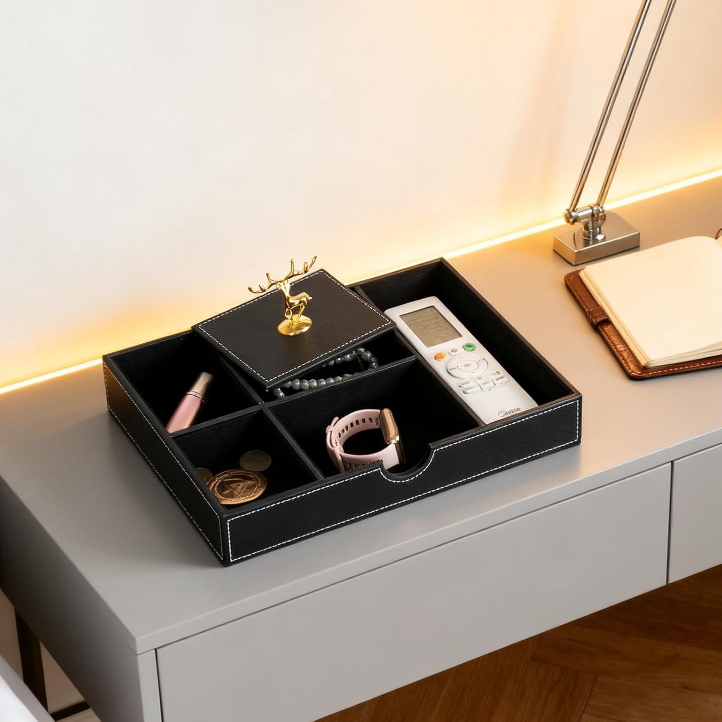 Jewelry Trays Nightstand Organizer, Valet Tray for Men and Women, Dressing Table Storage Box, Dark Brown Faux Leather, 5 Compartment
