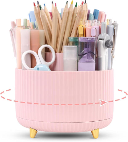 KONVINIT Pencil Pen Holder for Desk, 5 Slots 360 - Degree Rotating Desktop Organizer, Cute Desk Organizers and Accessories for School, Home, Office and Art Supply, Beige