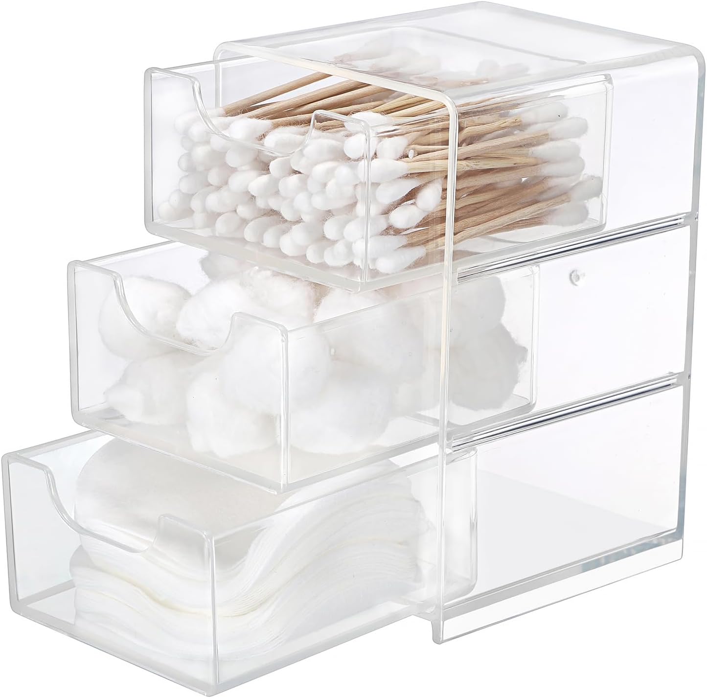 Hipiwe Acrylic Drawer Organizer Qtip Holder for Cotton Pad Cotton Swabs Makeup Storage Drawer with 3 Drawers Clear Desk Drawers Box Bathroom Counter Organizer for Home Office