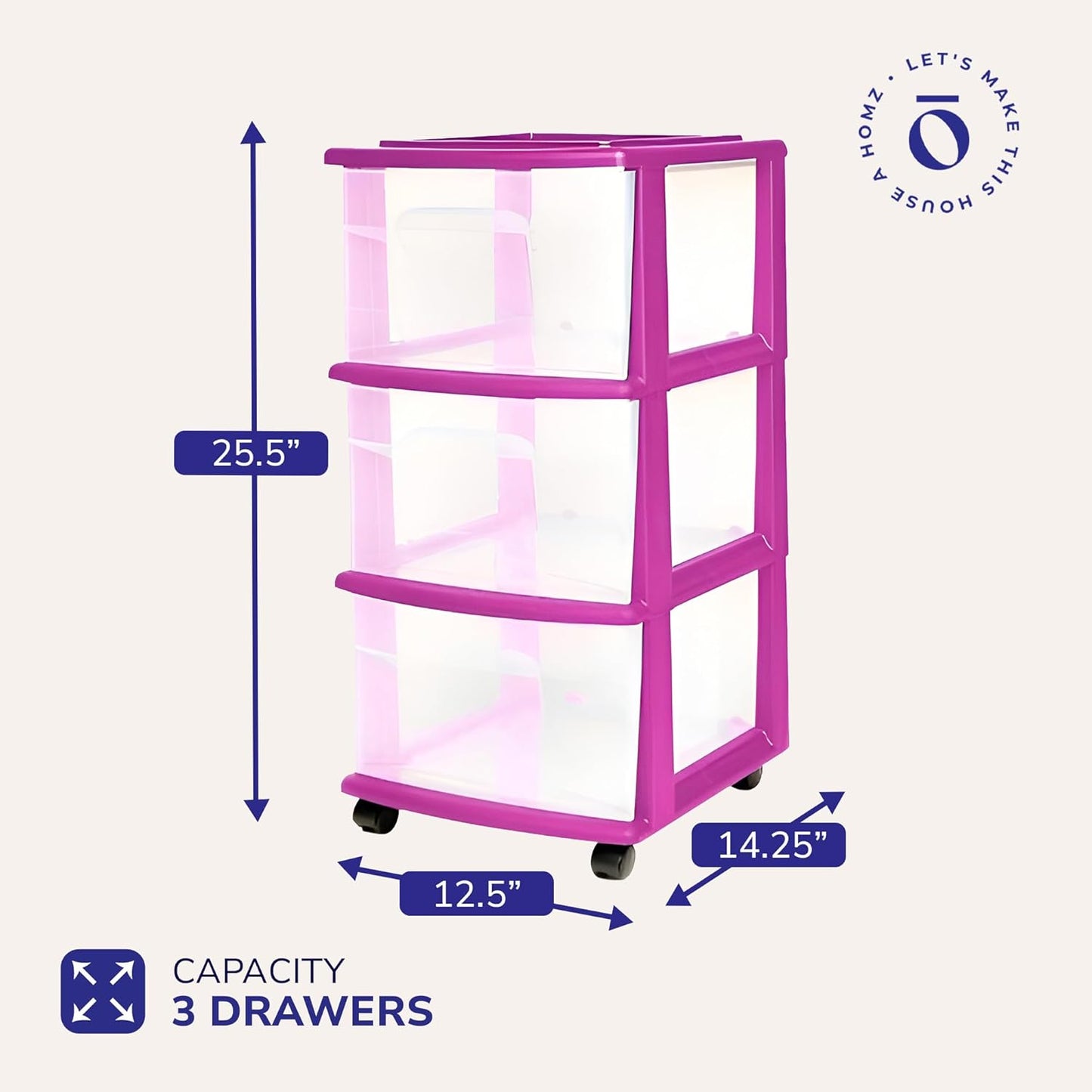 HOMZ Drawer Tower, 3-Tier Rolling Storage Cart with Removable Wheels, White Frame – Plastic Organizer with Clear Bin Drawers for Bedroom, Bathroom, Home Office, and Dorm Room