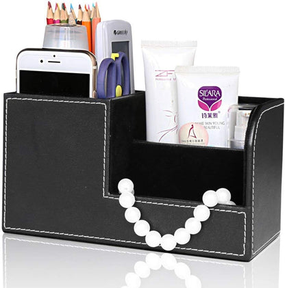 KINGFOM Desk Organizer Office Supplies Caddy Pu Leather Multi-function Storage Box Pen/Pencil,Cell phone, Business Name Cards Remote Control Holder with Small Drawer Black