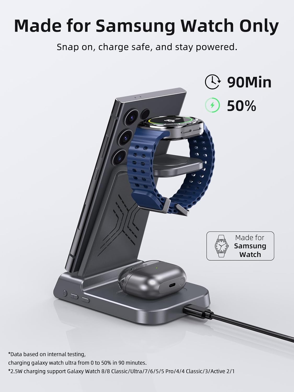 Wireless Charger for Samsung Charging Station: 3 in 1 Android Charging Stand with Dimmable Clock - Nightstand Organizer for Galaxy S25 Ultra, Galaxy Watch 8 7 6 5 4, Galaxy Buds, Space-Saving Charger