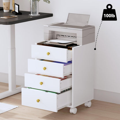 JanlyHome Under Desk Storage, 4 Drawer Small File Cabinet, Chest of Drawer with Glass Top, Mobile Printer Stand with Lockable Wheels for Home Office Study, White