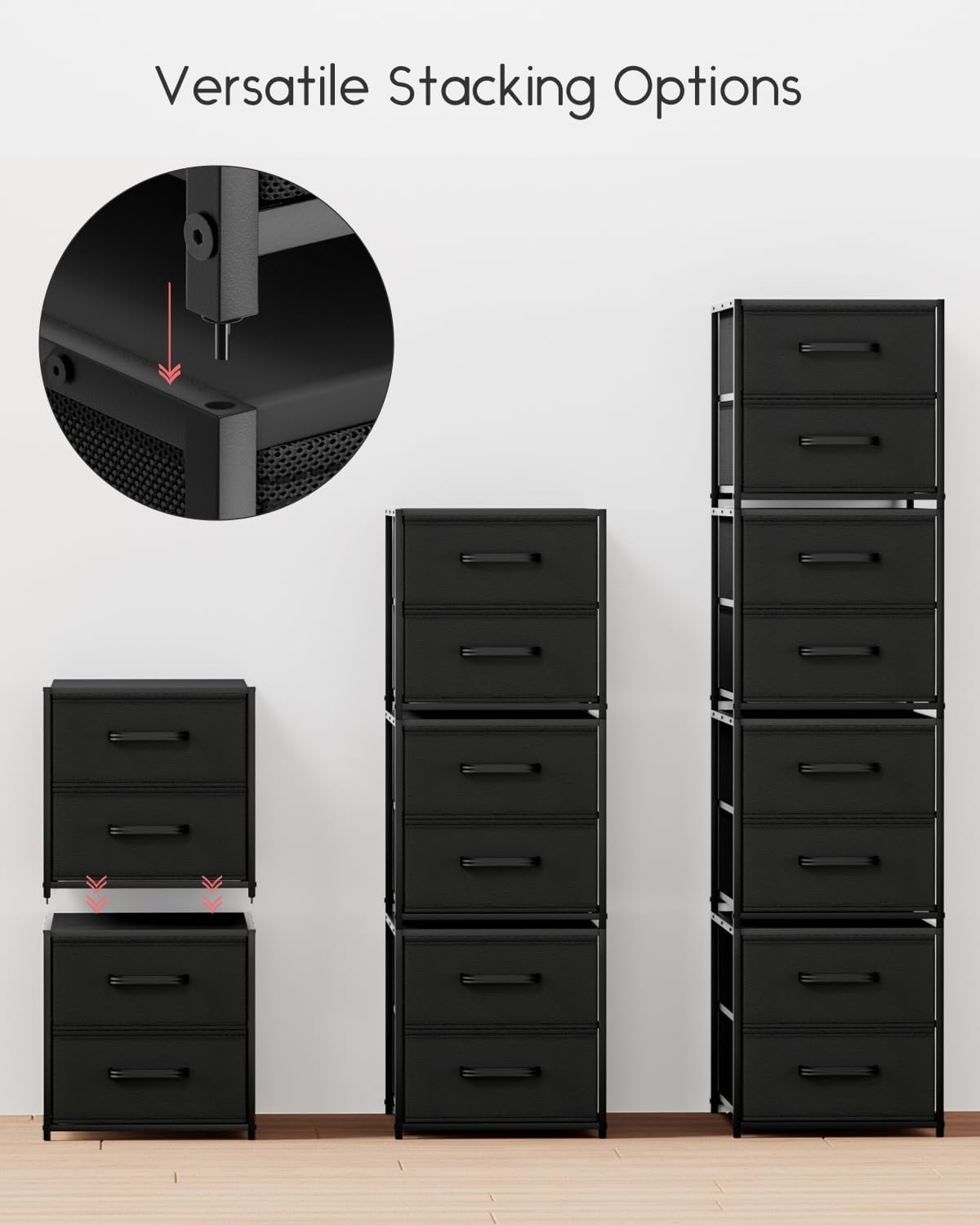 Homsorout Stackable Storage Drawers - 2 Tier Closet Organizer with Metal Handles and Metal Frame, Fabric Dresser with Collapsible Bins for Bedroom, Dorm, Office, White, 2 Pack