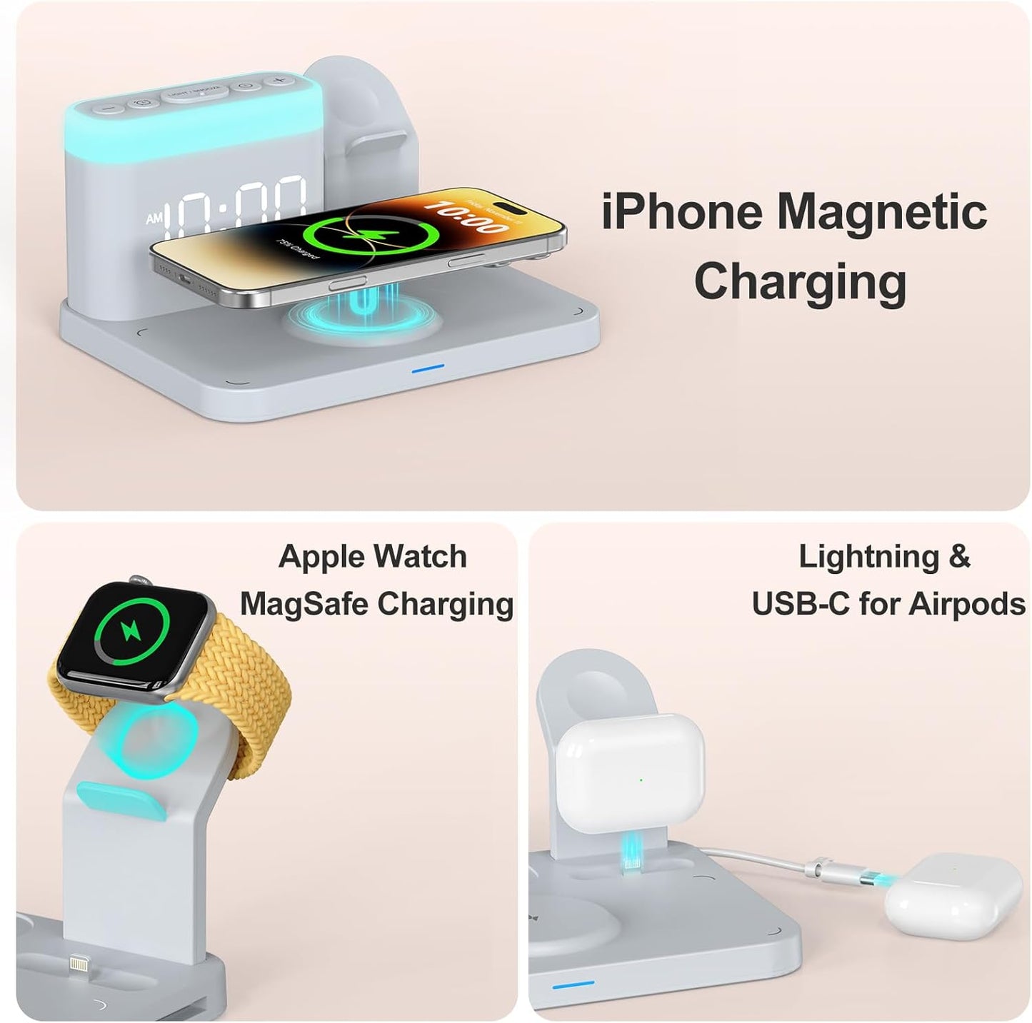 ANJANK Wireless Charging Station,5 in 1 Multiple Charger Stand with Alarm Clock,7 Night Light,Mag-Safe Charging Dock for iPhone 17 16 15 14 13 12 Pro Max Plus,Apple Watch 11/10/9/8,for Airpods,Bedroom