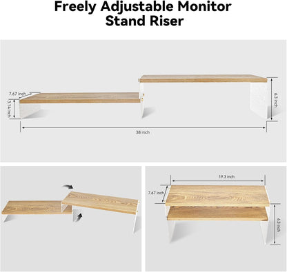 YGYQZ Adjustable Monitor Stand Riser with Acrylic Legs丨7.67" Wide Dual Monitor Stand for Desk丨2-Tier Wood Desktop Organizer for Computer, Laptop, Printer & PC丨Modern Aesthetic Desk Shelf(wood-flat)