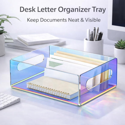 Iridescent Acrylic Square Tray Letter Organizer,Clear Lucite Acrylic Desk Paper Tray for Files Documents Notebooks,StackableTransparent Catch All Tray for Office or Coffee Table (8.66 x 6.5 x 3.35 in)