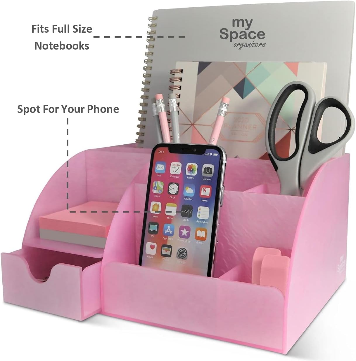 My Space Organizers Clear Acrylic Desk Oganizer, 9 Compartments, Office Supplies and Desk Accessories Organizer, Home Decor Desktop Organizer (Clear)