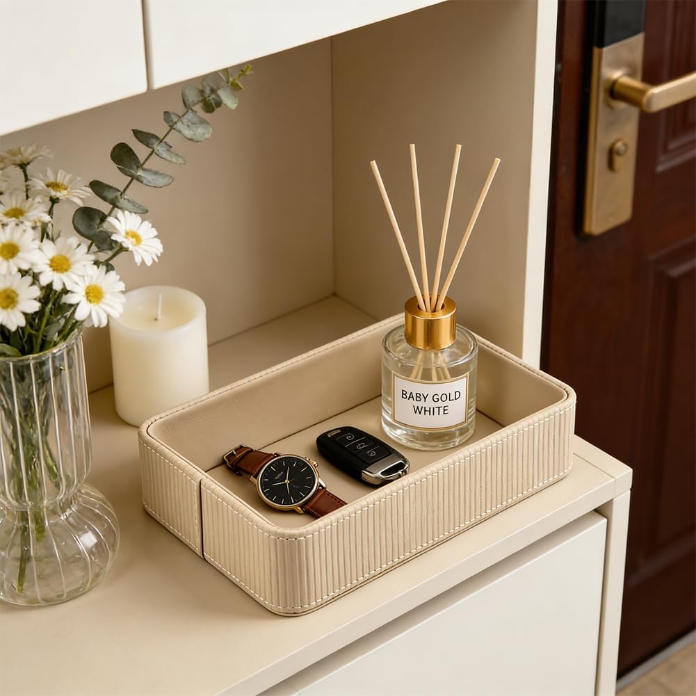 Desk Organizer Tray,PU Leather Valet Tray Modern Nightstand Organizer,Decorative Vanity Trays for Key Watch Wallet Perfume,Keeps Things Organized,Bedside Desktop Storage