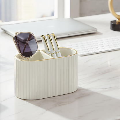 KINGFOM PU Leather Desk Organizer Pen Holder – Dual-Compartment Stylish Pencil Cup Remote Control Holder Desktop Supplies and Accessories Organizer Caddy for Office Home School (Light Beige)