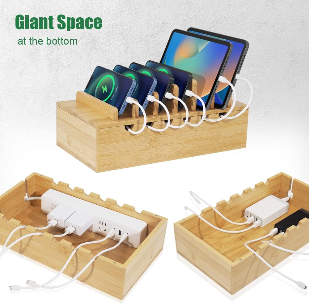 Bamboo Charging Station for Multiple Devices, Desk Docking Stations Organizer Compatible with iPhone Devices, Wood Charging Cell Phone Holder Stand (Includes 6 Cables) (NO Power Supply)