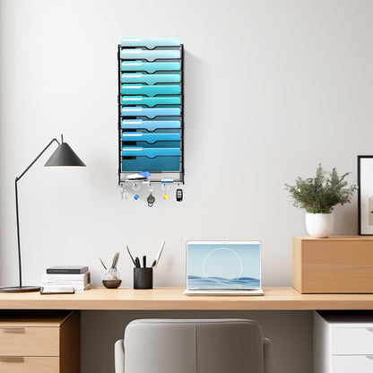 5 Tier Wall File Organizer - Hanging File Organizer with 5 Hooks, Mail Holder Wall Mounted for Papers, Folders, Magazines, Bills, Office&School Organization, Black