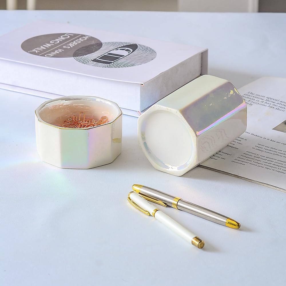 Aesthetic Desk Organizer Set of 2 For Office, Checkered Pen Holder and Paper Clip Holder Dispenser, Ceramic Cute Pencil Cup, Desktop Accessories, Office Decor, Ideal Gifts for Mom (Pink-White)