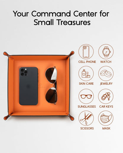 VLANDO Valet Tray for Men Women, Nightstand Organizer Vanity Catchall Holder for Dresser Desk Storage Bedside, Travel PU Leather Jewelry Key Bowl Coin Watches and Candy Entryway Tray - Large, Brown