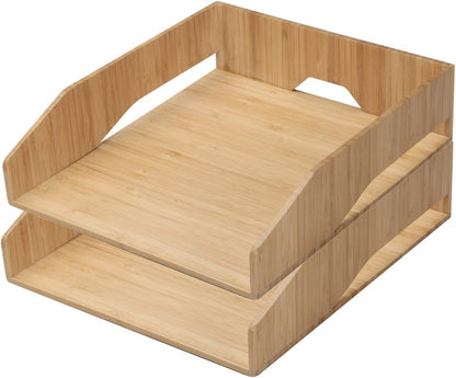 MobileVision 2 Pack Stackable Bamboo Paper Tray Office Organizer for Files, Documents, Letter Sorter, Envelopes and Magazine Holder