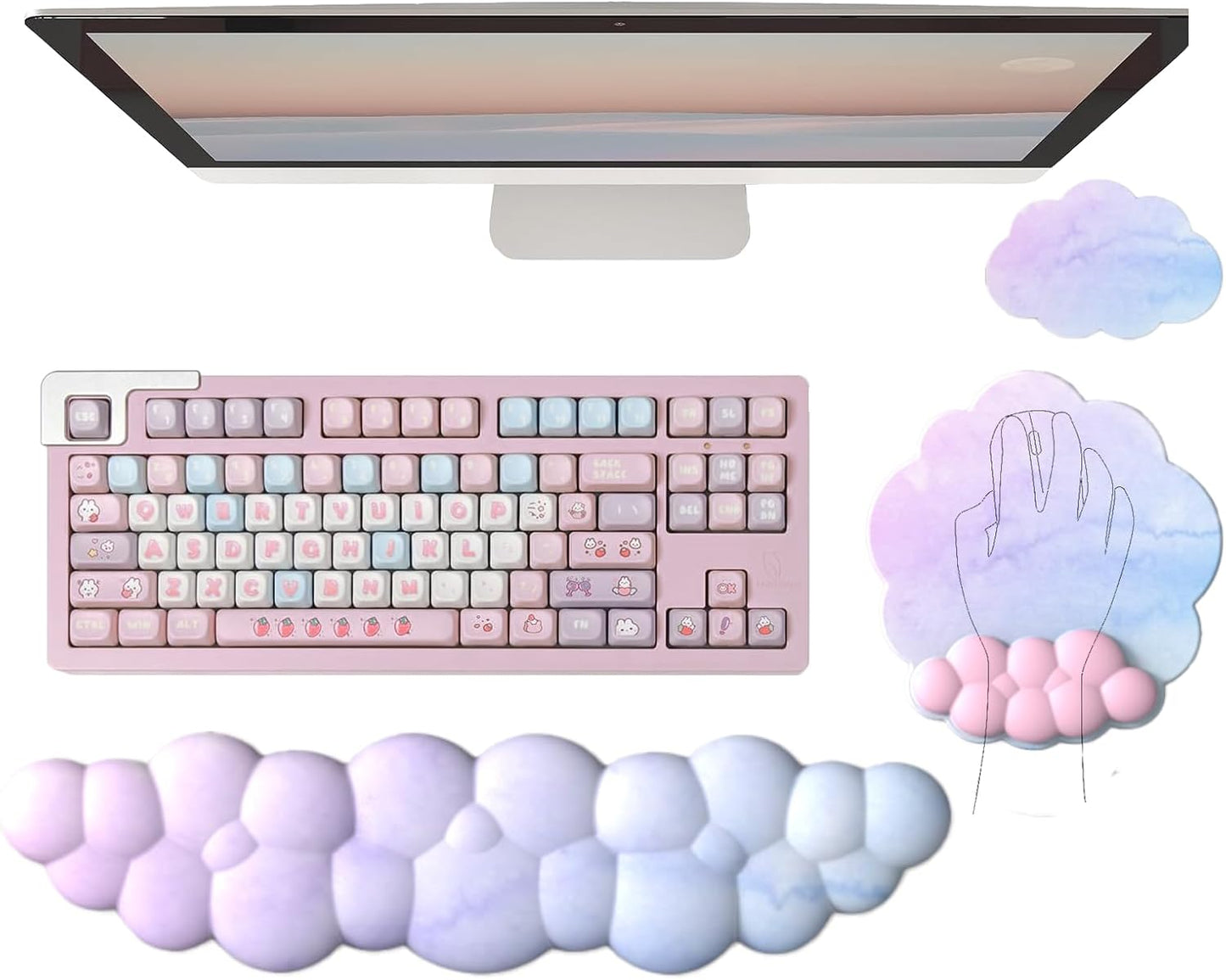 Cloud Wrist Rest Keyboard Pink Mouse Pad Set with Wrist Rest Ergonomic Wrist Pad Memory Foam Non-Slip Base Cute Gradient Wrist Support for Computer Laptop Gaming Home Office Relief Typing Pain