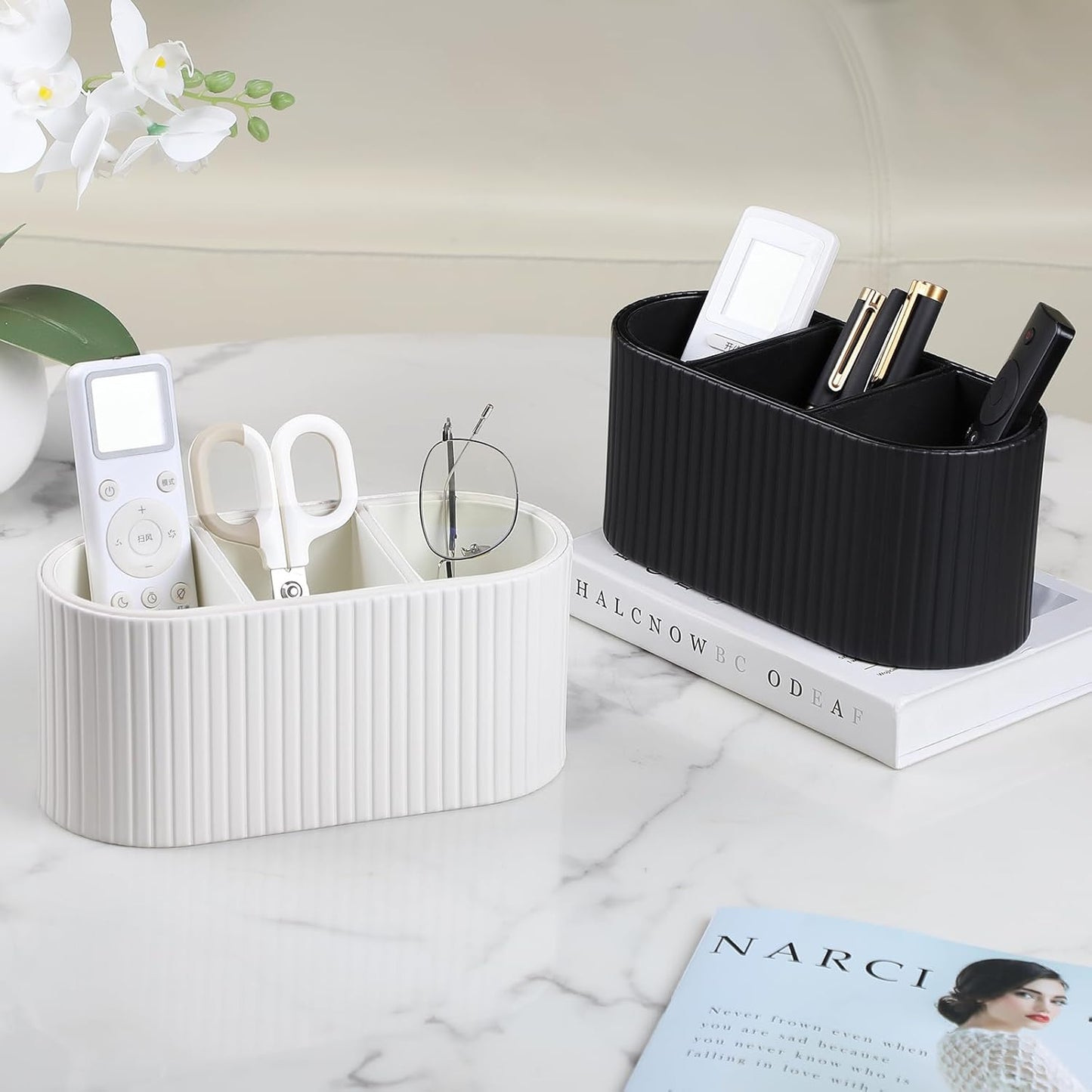 Oval Pen Holder for Desk, Remote Control Holder with 3 Compartments, PU Leather Small Desk Organizer Remote Caddy, Aesthetic Pencil Holder Desk Accessories for Home Office (Ivory)
