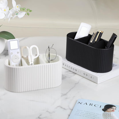 Oval Pen Holder for Desk, Remote Control Holder with 3 Compartments, PU Leather Small Desk Organizer Remote Caddy, Aesthetic Pencil Holder Desk Accessories for Home Office (Ivory)