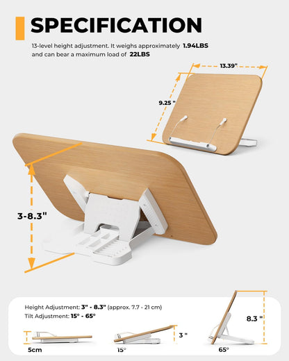 SupeDesk Adjustable Book Stand for Reading, Book Holder with 13 Height Levels, Hands-Free Desktop Book Stand with Page Clips, Foldable Book Stand for Textbooks, Cookbooks, Tablets & Study