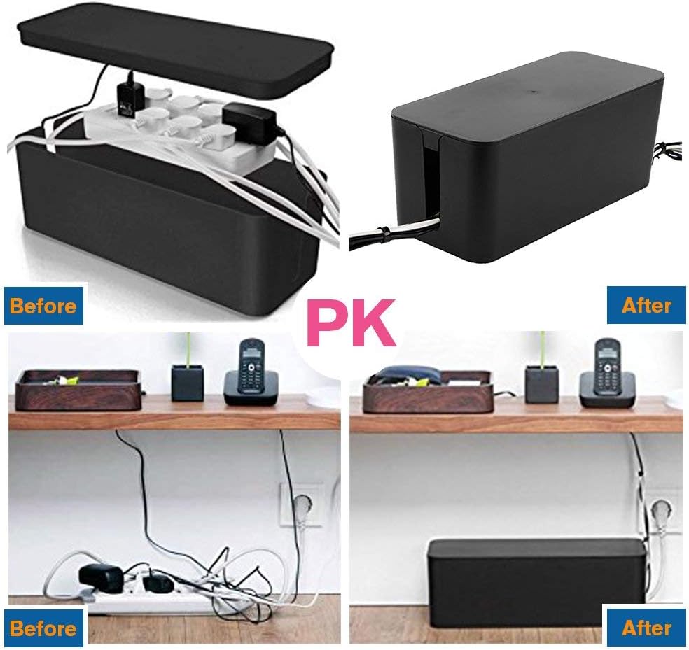 Cable Management Box Organizer, Pack of 2 Wire Concealer to Cover Hide Surge Protector & Power Strip on Desk Floor, with 5 Cord Fastening Tapes for Office, Home, Kitchen (Ice White)