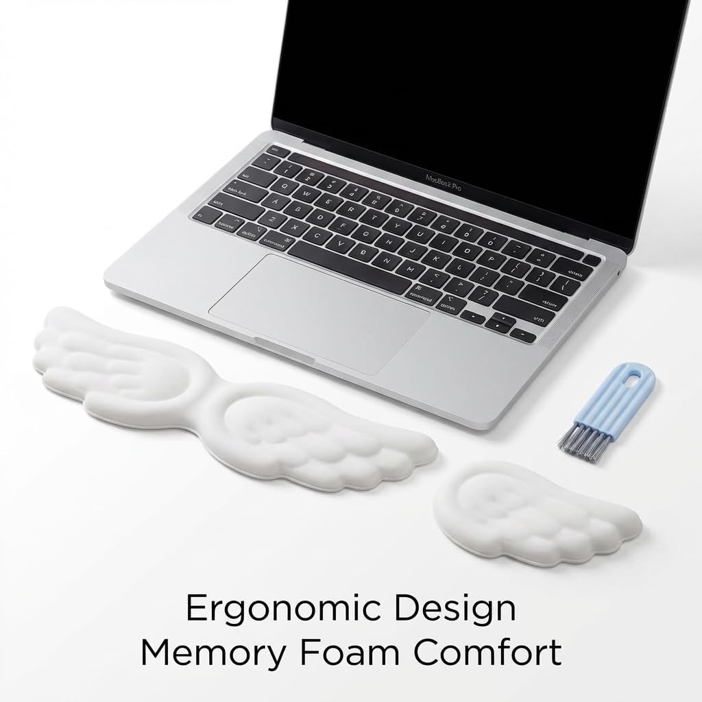 White Angel Wings Ergonomic Memory Foam Wrist Rest Computer Keyboard and Mouse Set Cute Gaming Keyboard Wrist Support pad PU Leather Surface Non-Slip and Waterproof Includes a Cleaning Brush
