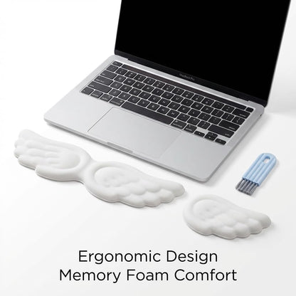 White Angel Wings Ergonomic Memory Foam Wrist Rest Computer Keyboard and Mouse Set Cute Gaming Keyboard Wrist Support pad PU Leather Surface Non-Slip and Waterproof Includes a Cleaning Brush