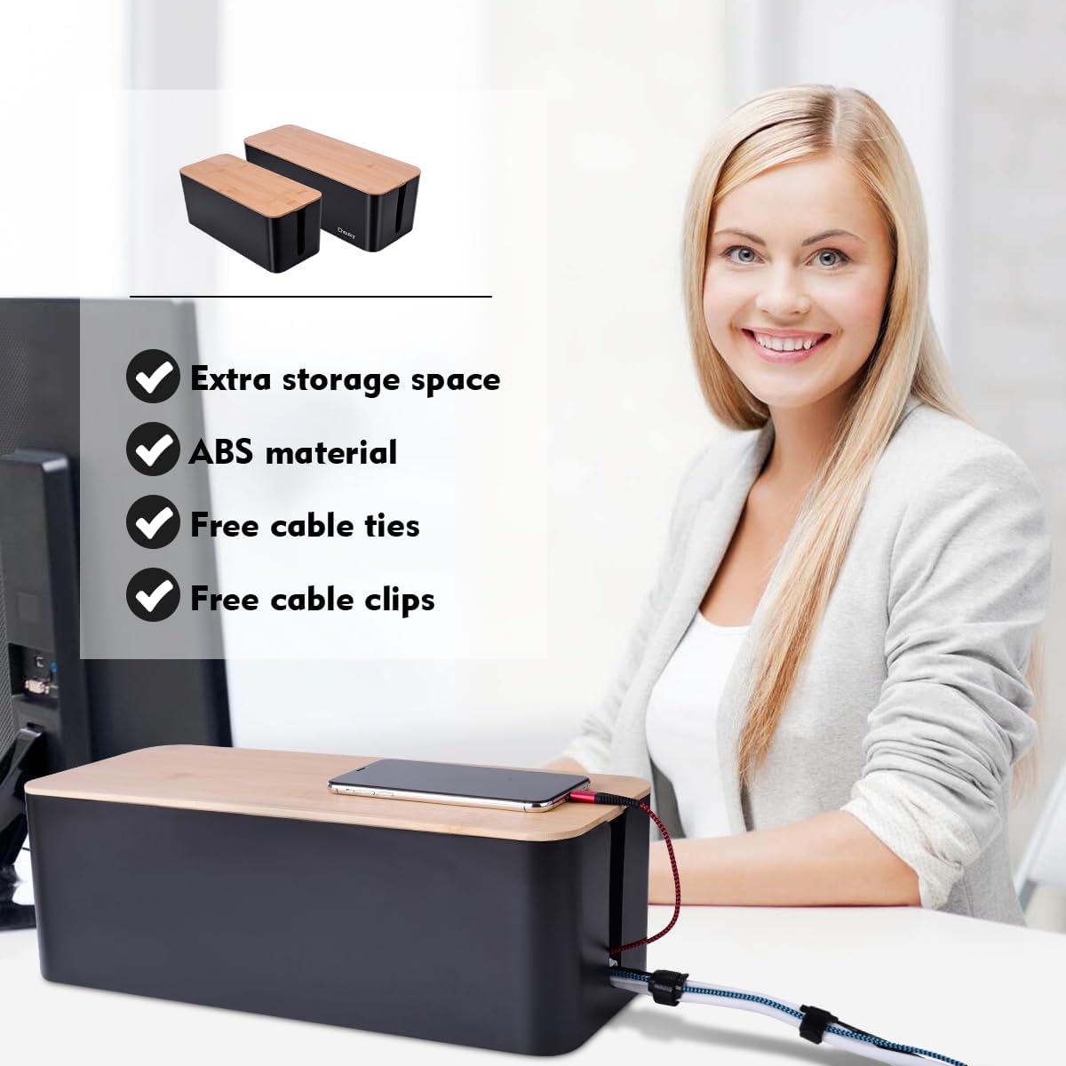 2 Pack Large Cable Management Box – Wooden Style Cord Organizer and Cover for TV Wires, Computer, Router, USB Hub and Under Desk Power Strip – Safe ABS Material and Baby-Pets Proof Lock (White)