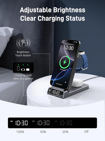 3 in 1 Charging Station for Apple, ELECDOV Magnetic Charger for iPhone, Foldable Wireless Charger with Clock, Travel Watch Charger Stand for iPhone 17/Air/16/15 Series, iWatch 10/AirPods 4 (Grey)
