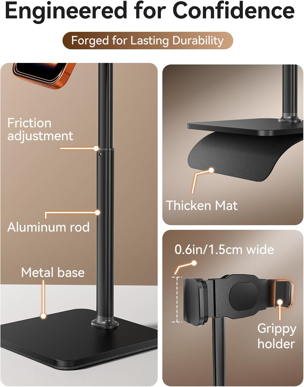 tounee Phone Stand for Desk, 8-11" Height Adjustable Cell Phone Holder for Live Streaming, Video Recording, TikTok – Compatible with iPhone 17/16/15, Samsung, All 4-7" Smartphones -Black