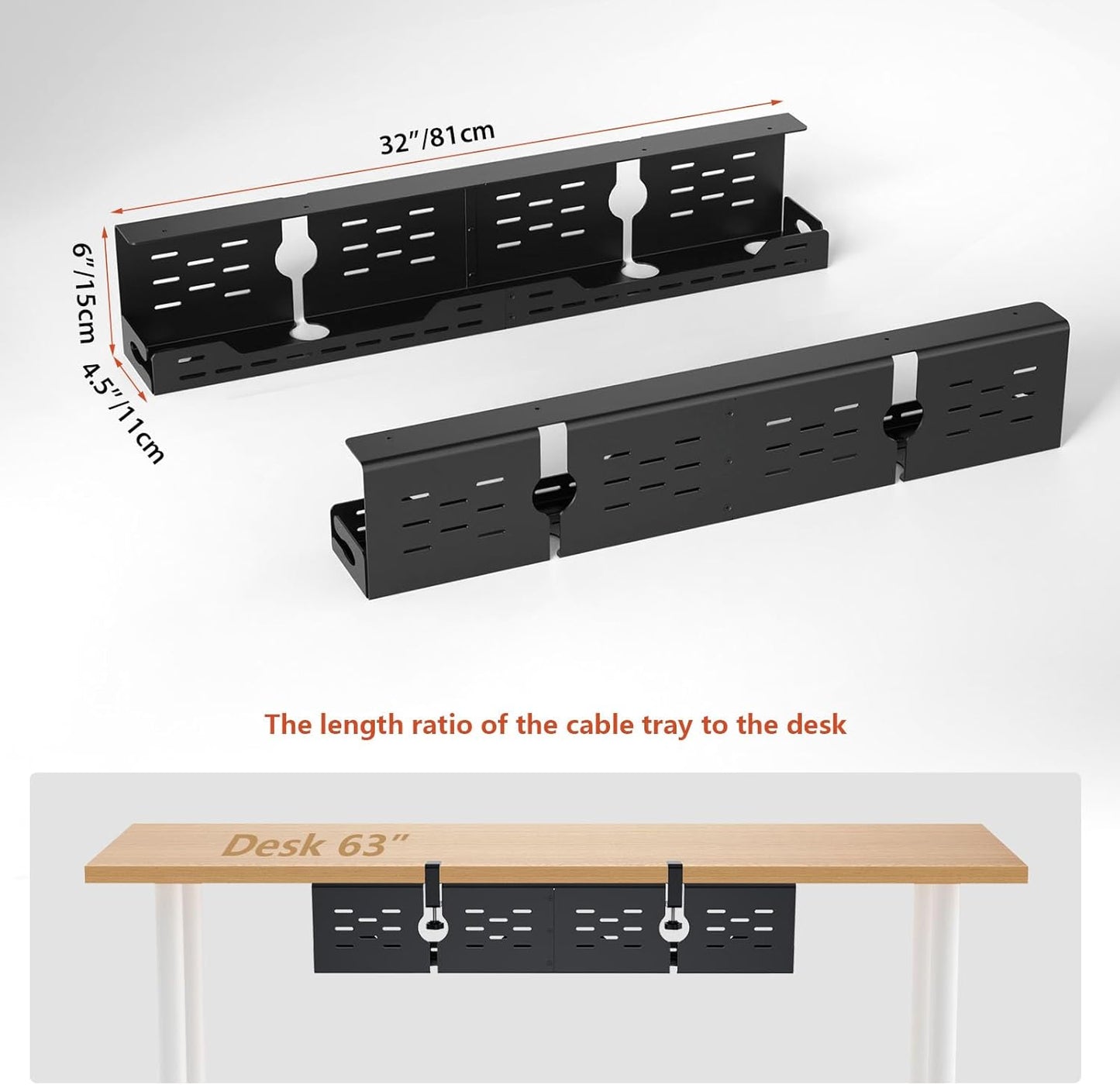 Univivi Under Desk Cable Management Tray - 32" Steel Cord Organizer, No-Drill C-Clamp & Screw Mount for Office/Home, Effortless Wire Management (Black)