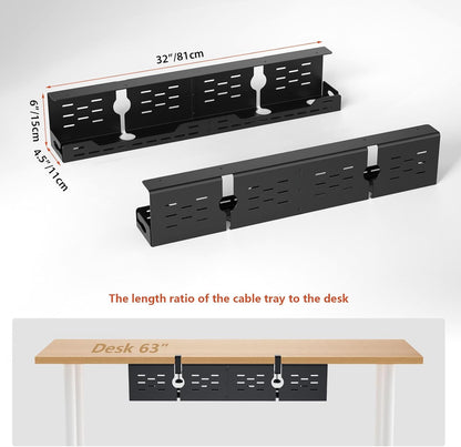 Univivi Under Desk Cable Management Tray - 32" Steel Cord Organizer, No-Drill C-Clamp & Screw Mount for Office/Home, Effortless Wire Management (Black)