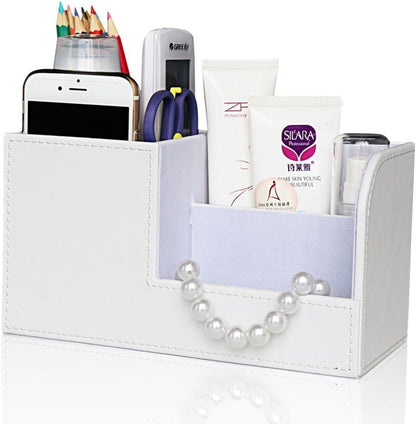 KINGFOM Desk Organizer Office Supplies Caddy Pu Leather Multi-function Storage Box Pen/Pencil,Cell phone, Business Name Cards Remote Control Holder with Small Drawer Black