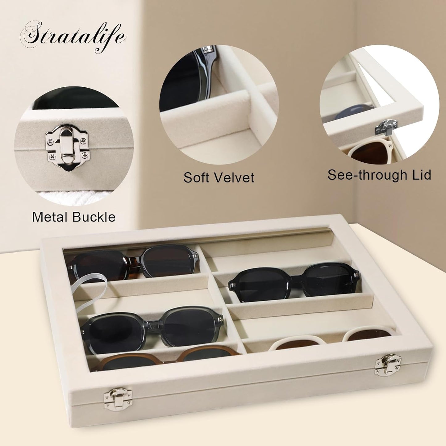 Stratalife Jewelry Organizer Bracelet Organizer Storage Box 12 Grid Stackable Jewelry Tray with Lid Velvet Jewelry Box for Drawer Necklace Bracelet Display Storage Organizer Box (Beige)