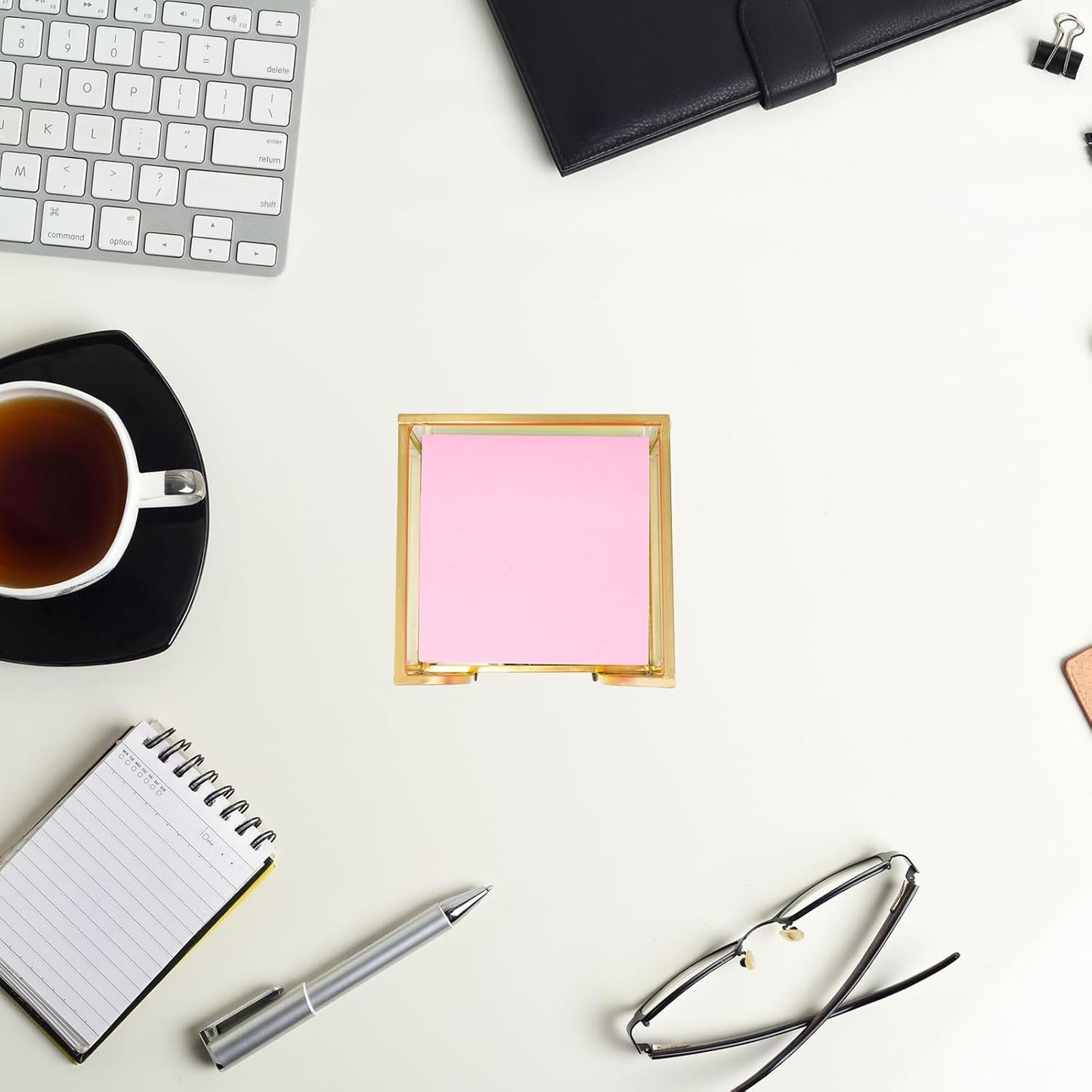 Sticky Note Holder,Glass Post It Note Dispenser with Pen Slot,Gold 3 x 3 Inch Post It Note Holder for Desk,Stylish Sticky Note Dispenser for Home Office Desk