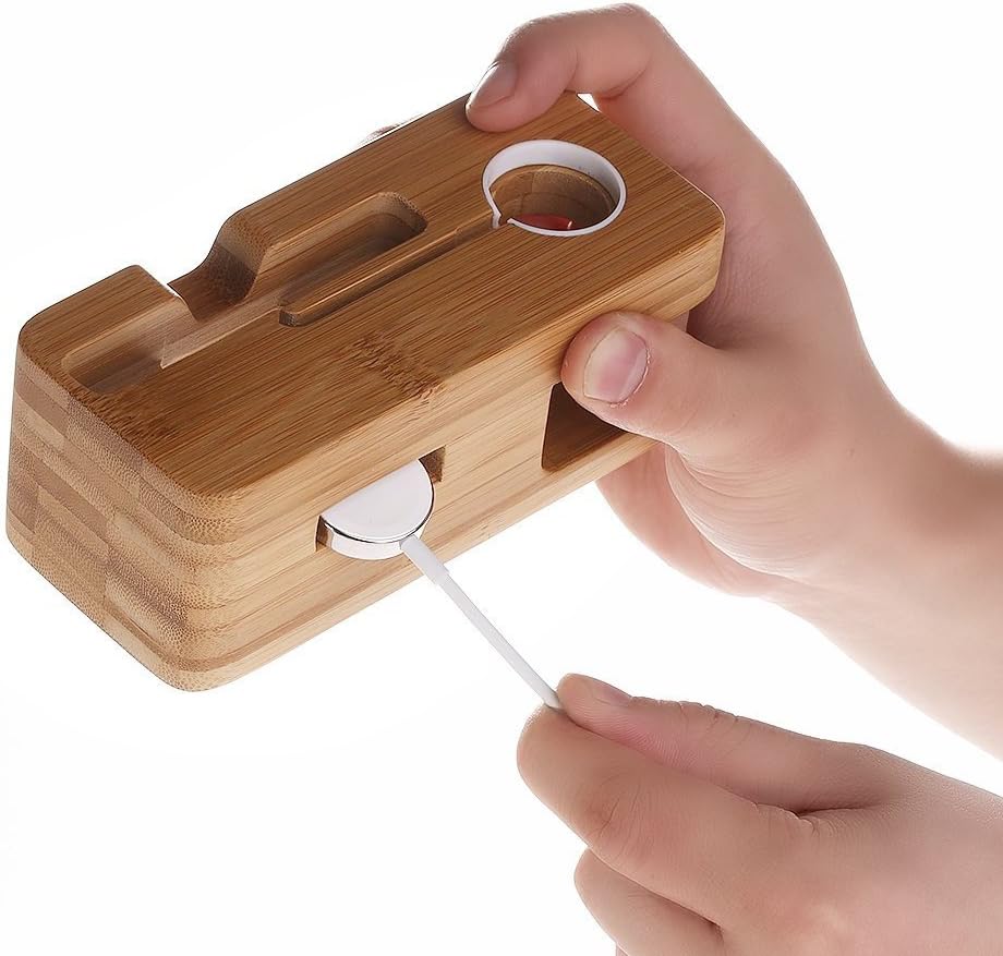MOOZO Bamboo Wood Desktop Charging Dock Station Charger Holder Cradle Stand Compatible iPhone 16 15 14 13 12 11 Pro Max Apple Watch 2 3 4 / iWatch Samsung Galaxy S8 S7 S6 Edge Plus LG HTC Smartphones