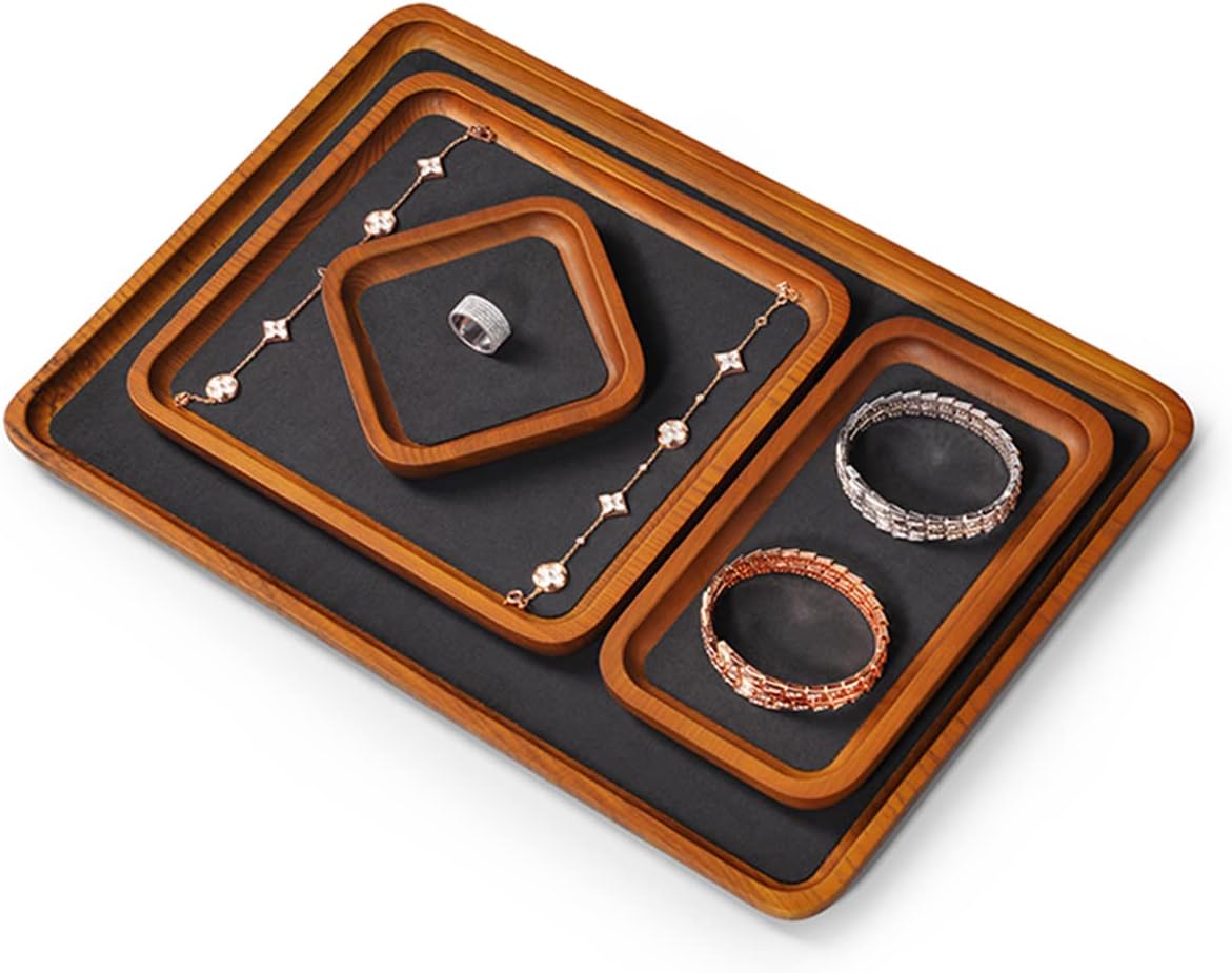 Oirlv Solid Wood Jewelry Display Tray Small Jewelry Tray Rings Earrings Bracelets Necklace Holder Organizer(Rectangle, Grey)