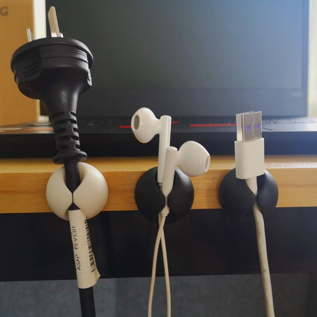 LOMILY Cable Clips Organizer - Desktop Cable Holder, Cord Clips for Computer, Office, Nightstand, Table, Cubicle (3 Black + 3 White)