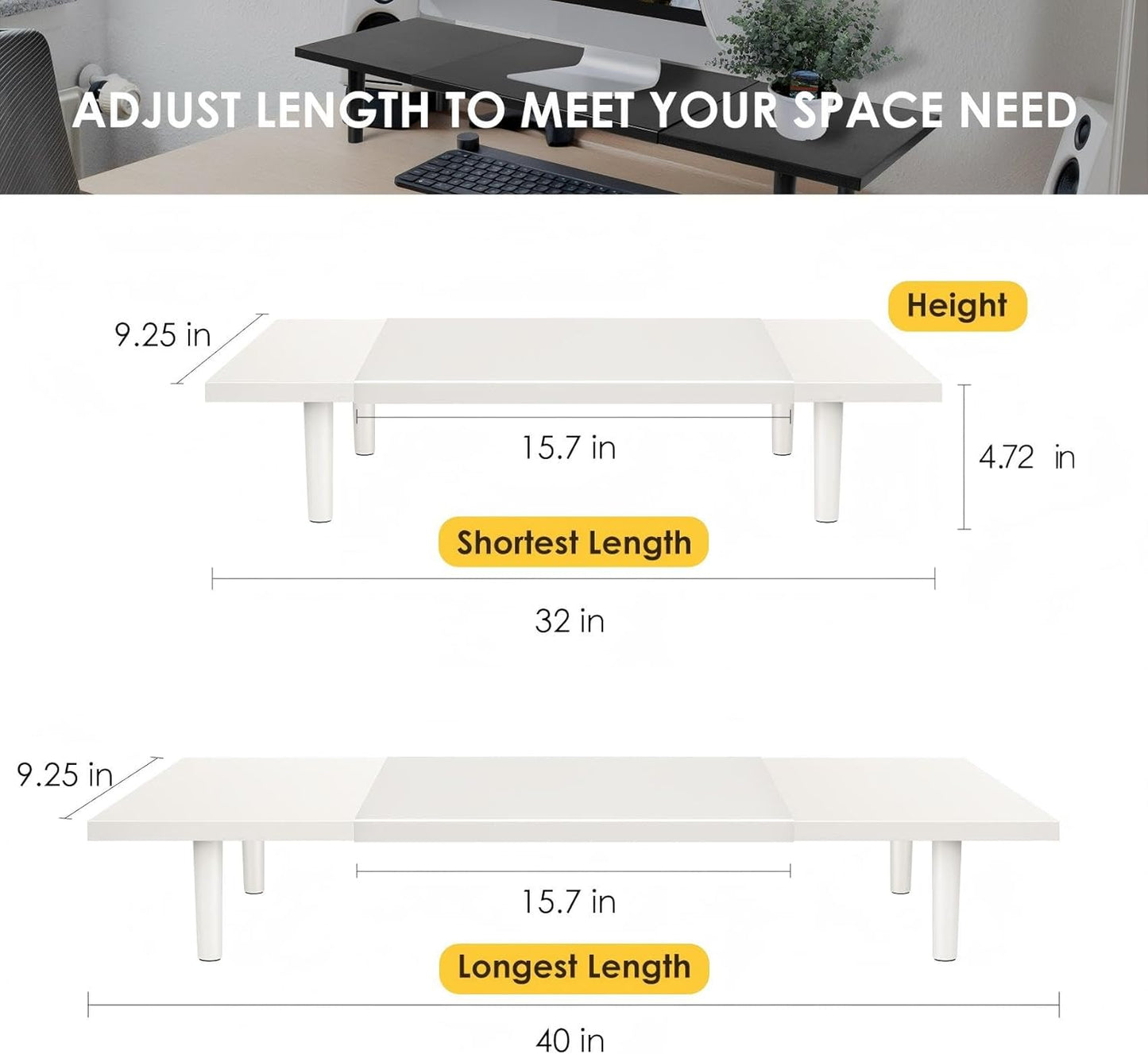 Across-Star Dual-Monitor-Stand-Riser-For-Desk Adjustable Length 32-40 Inch，Large Desktop Computer Monitor Riser For 2 Screens，Desk Shelf Organizer Riser Stand For Computer/Laptop/PC/Printer/TV Black