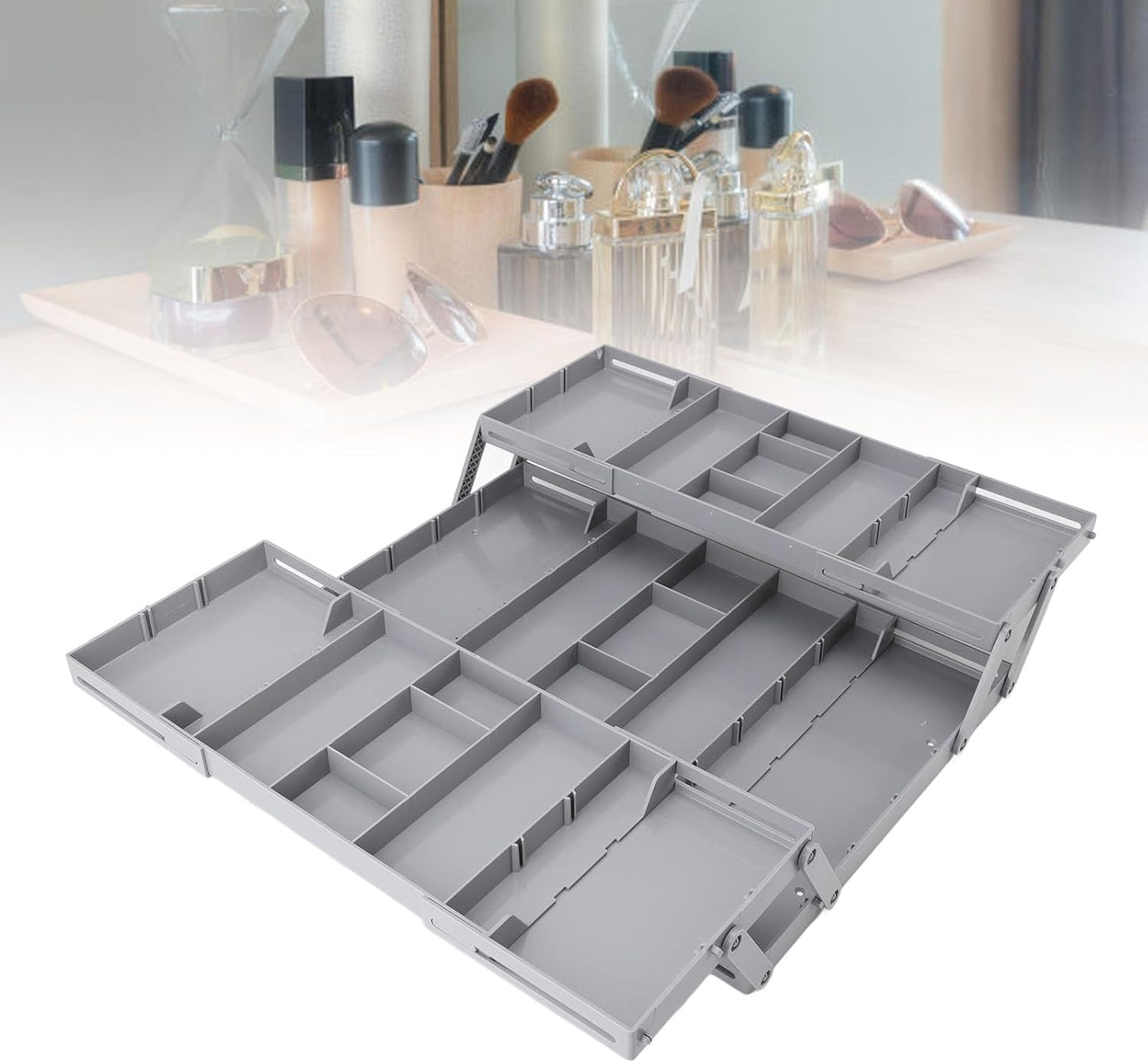 Pomya Multi Tier Drawer Organizer, Foldable Expandable Desk Storage Organizer Tray Bins with Compartments Storage Trays, Adjustable Double Row Organizer Trays for Make Up, Jewelry (2