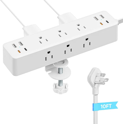 Flat Plug Desk Clamp Power Strip 10FT, 40W Total Fast Charging Station, Dual PD 20W USB C Ports, Desk Edge Mount Power Strip 9 AC Outlets 8 USB Ports(4 USB C) Surge Protector, Fit 1.7" Tabletop Edge