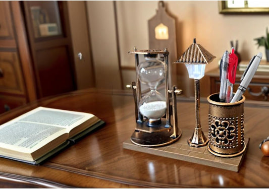 Vintage Style Desk Organizer Set with Hourglass Timer, Decorative Pen Holder, Bronze Finish, pen organizer for desk, vintage office decor, sand timers, desk organizer pen holder