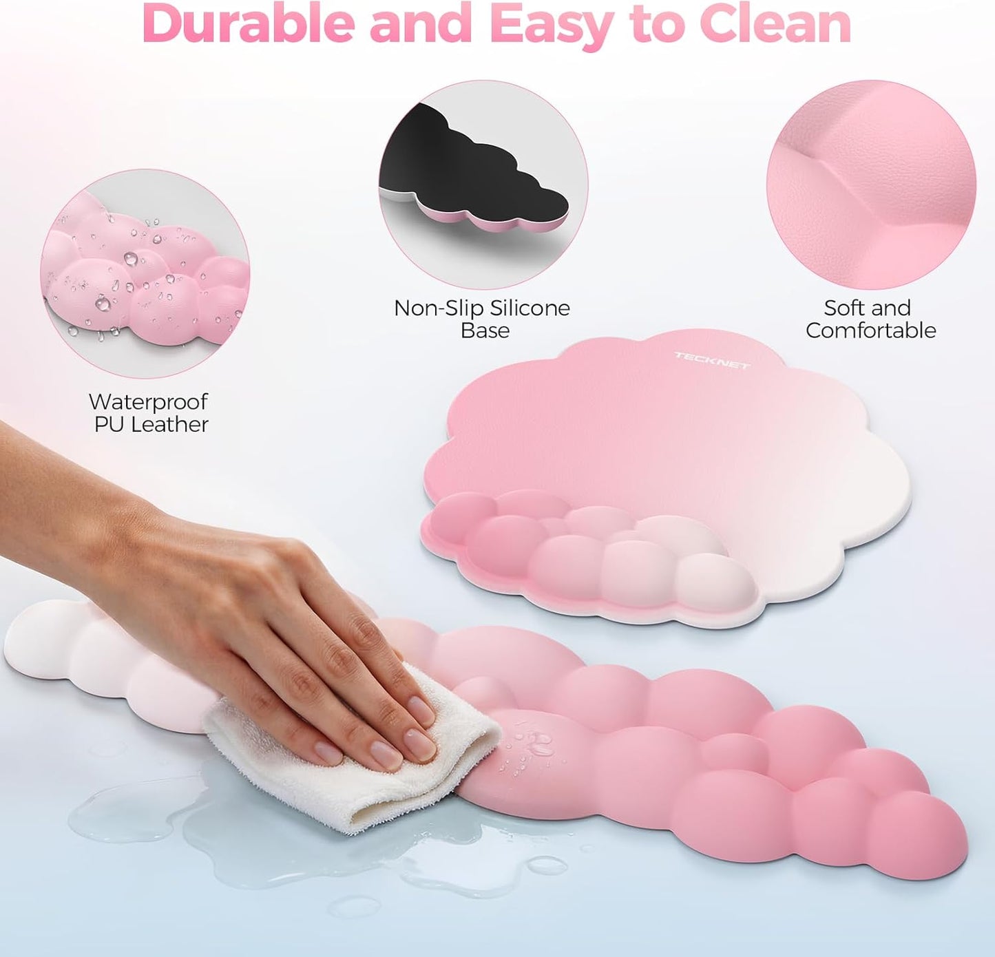 TECKNET Cloud Mouse Pad with Wrist Rest, Ergonomic Cloud Wrist Rest with Non-Slip Base, PU Leather Memory Foam Mouse Pad Wrist Support for Keyboard and Mouse, Pain Relief for Typing, Gaming, White
