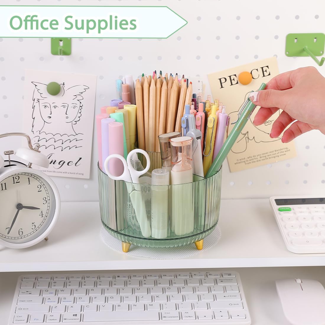 SKYDUE Rotating Pencil Pen Holder, Pen Organizer with 5 Slots - Aesthetic Desk Organizer and Accessories for School, Home, Office Supplies