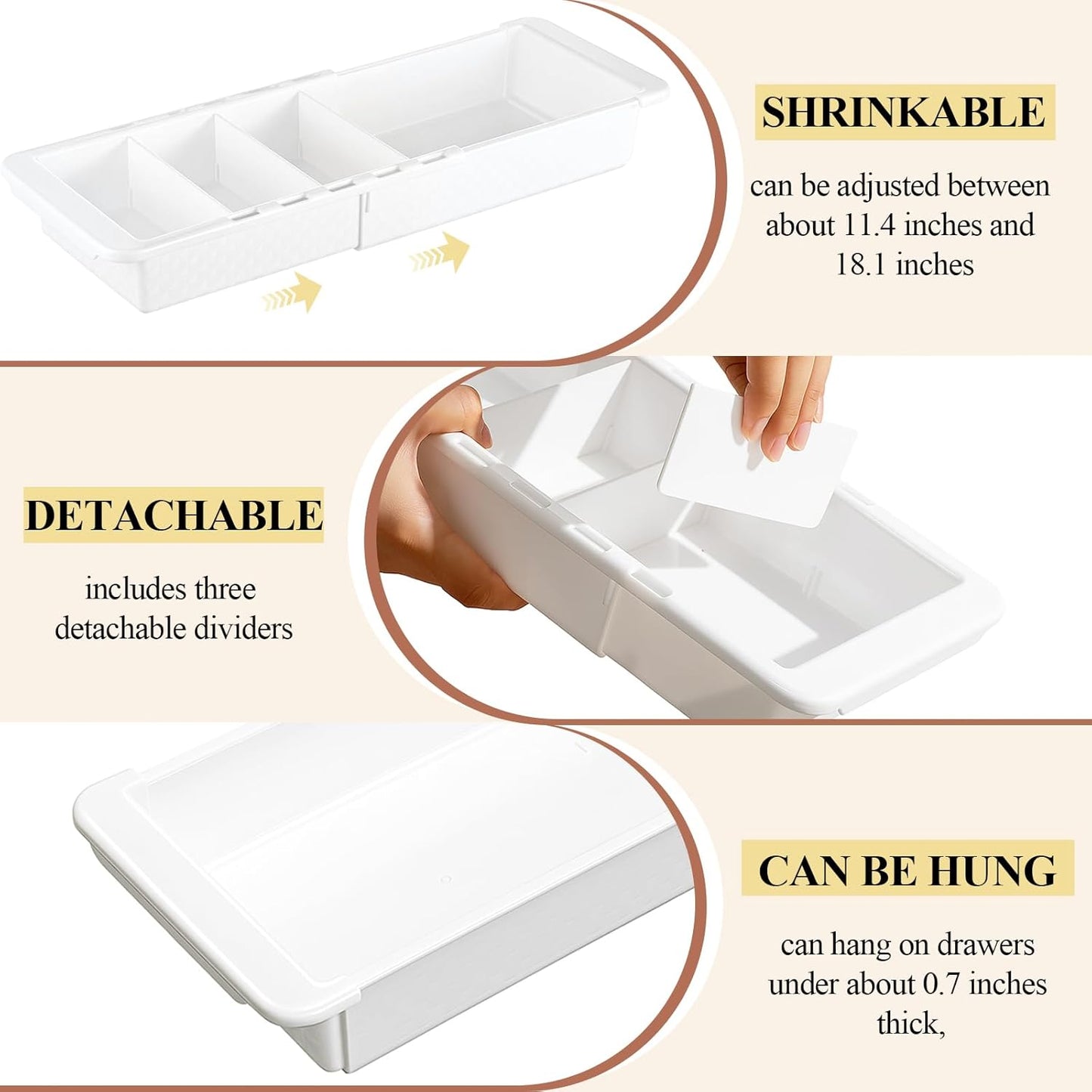 3 Pcs Expandable Drawer Organizer Bins Adjustable Deep Drawer Hanging Organizer Tray Expandable 11.4 to 18.1 Inches Plastic Dividers Storage for Office Bathroom Bedroom Kitchen Desk, White