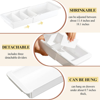 3 Pcs Expandable Drawer Organizer Bins Adjustable Deep Drawer Hanging Organizer Tray Expandable 11.4 to 18.1 Inches Plastic Dividers Storage for Office Bathroom Bedroom Kitchen Desk, White