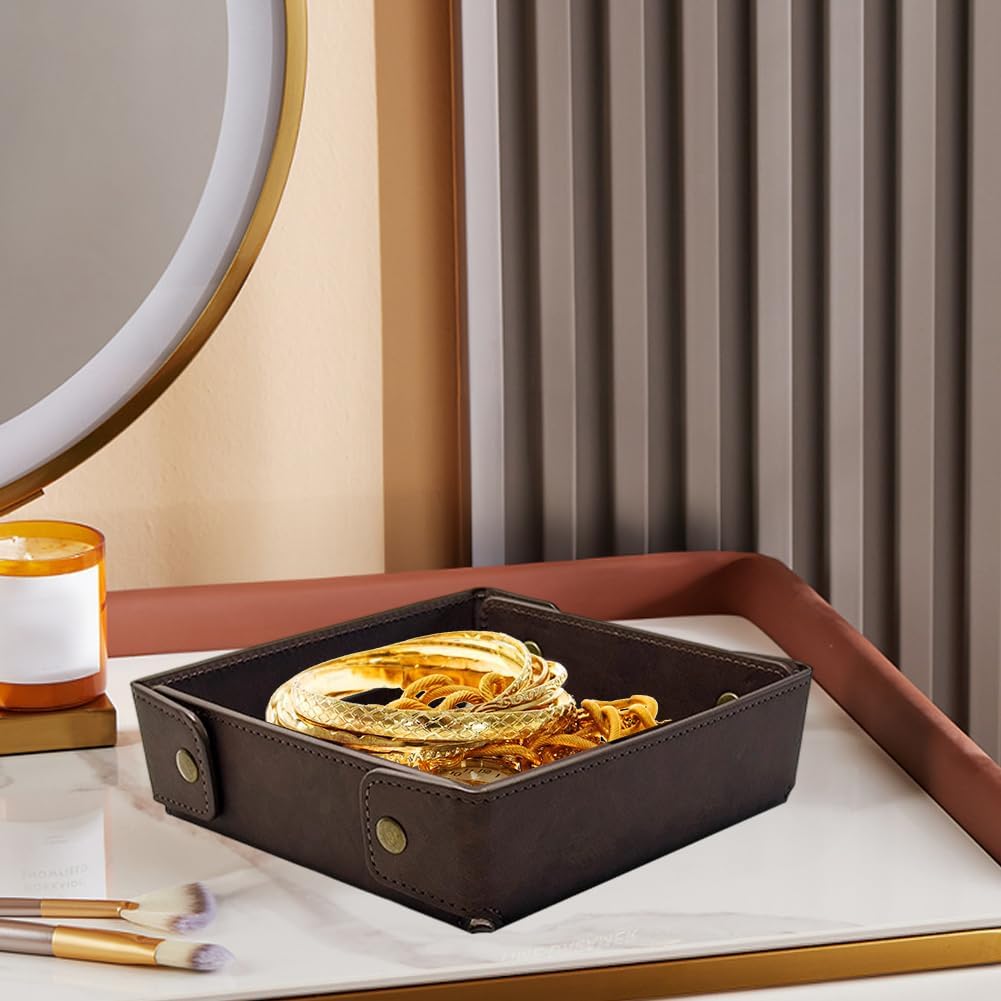 Portable PU Leather Valet Tray for Travel Foldable Leather Jewelry Storage Case Catchall Dish Plate Necklace Black Pendant Organizer Holder Container for Men Women Desk Bedside Drawers